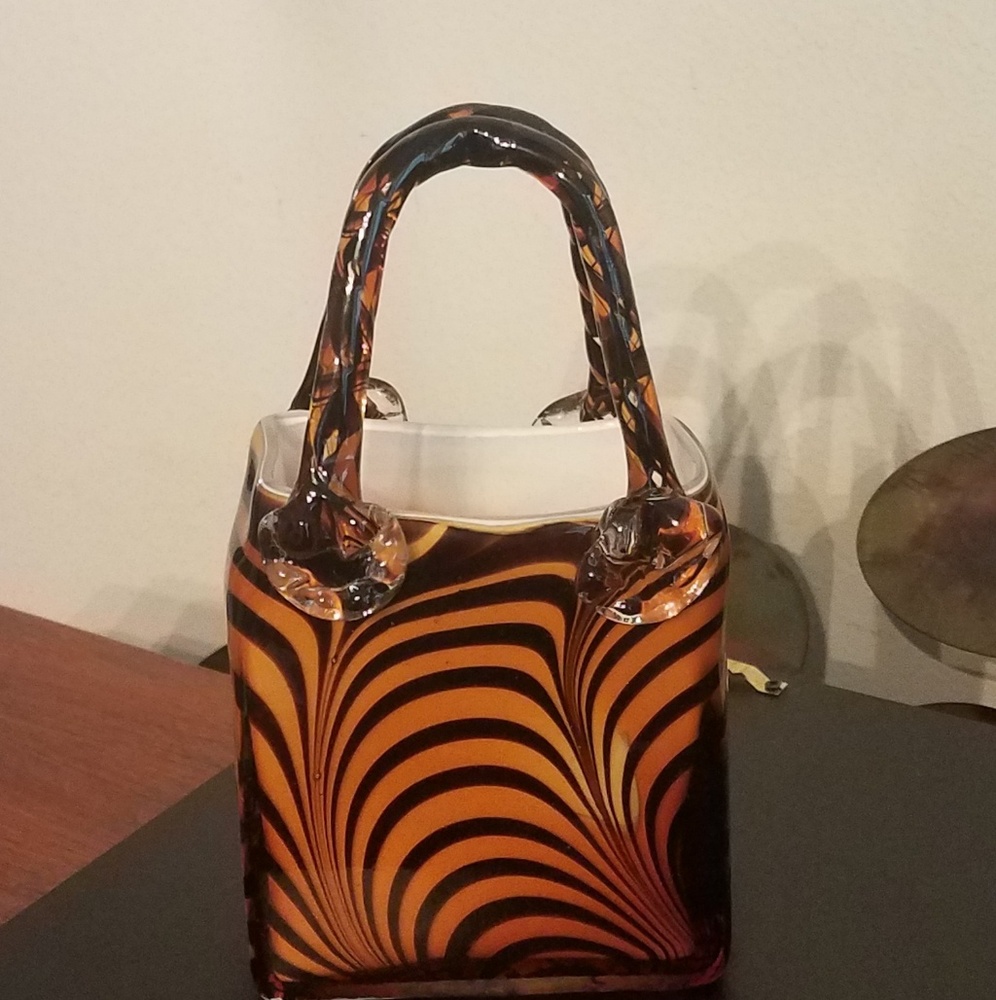 Murano Style Glass Tiger Striped Purse Vase